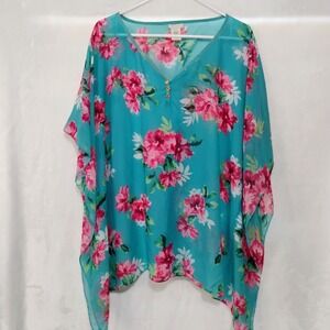 Talbots Floral Poncho Top Teal Pink Chiffon Sheer Poncho L XL Dolman Blouse Z
